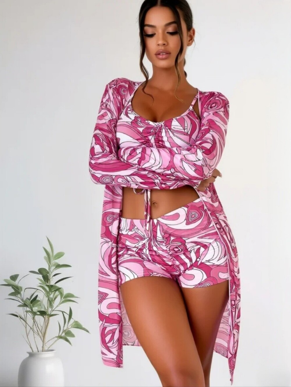Pink/White Ruched Front Adjustable Strap Bikini Top/Boy Shorts. Kimono INCLUDED! - Picture 3 of 5
